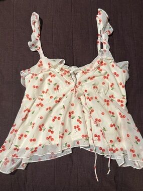 Wild Fable White Cherry Print Ruffle Tie-Front Cami Top